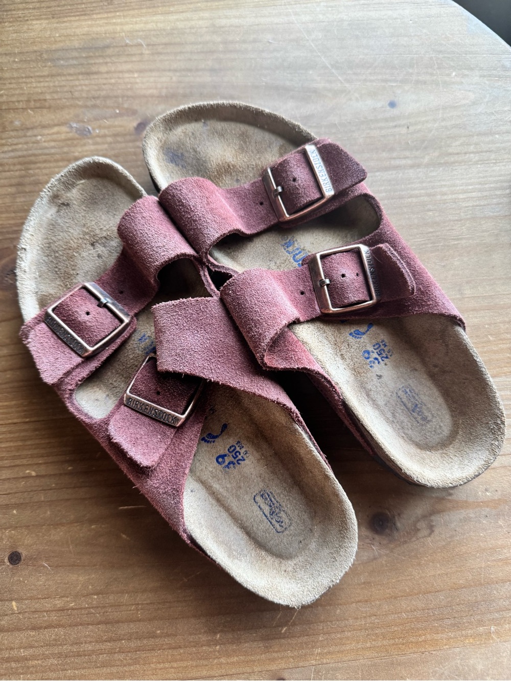 Birkenstock Arizona Suede Double-Buckle Sandals — Burgundy